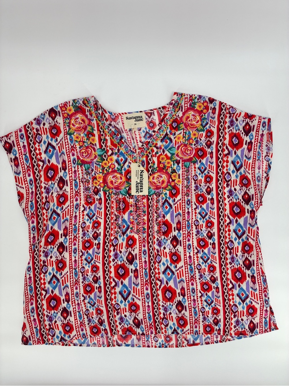 Savanna Jane Boxy Blouse Top Shirt Boho Aztec Embroidered Size 3X NWT